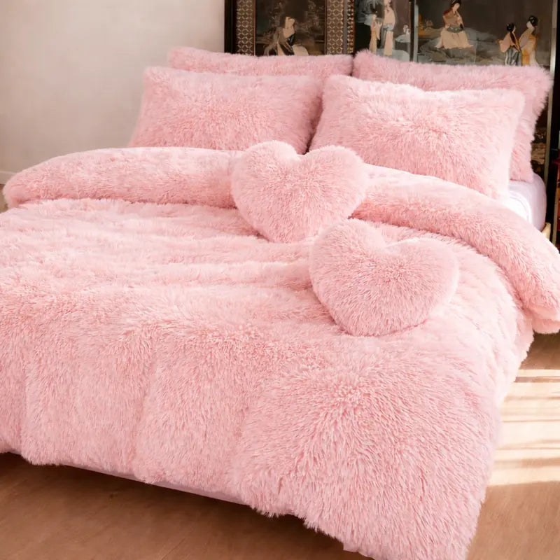 4-Piece Pink Plush Duvet Cover Set – Faux Fur, Heart Pillow