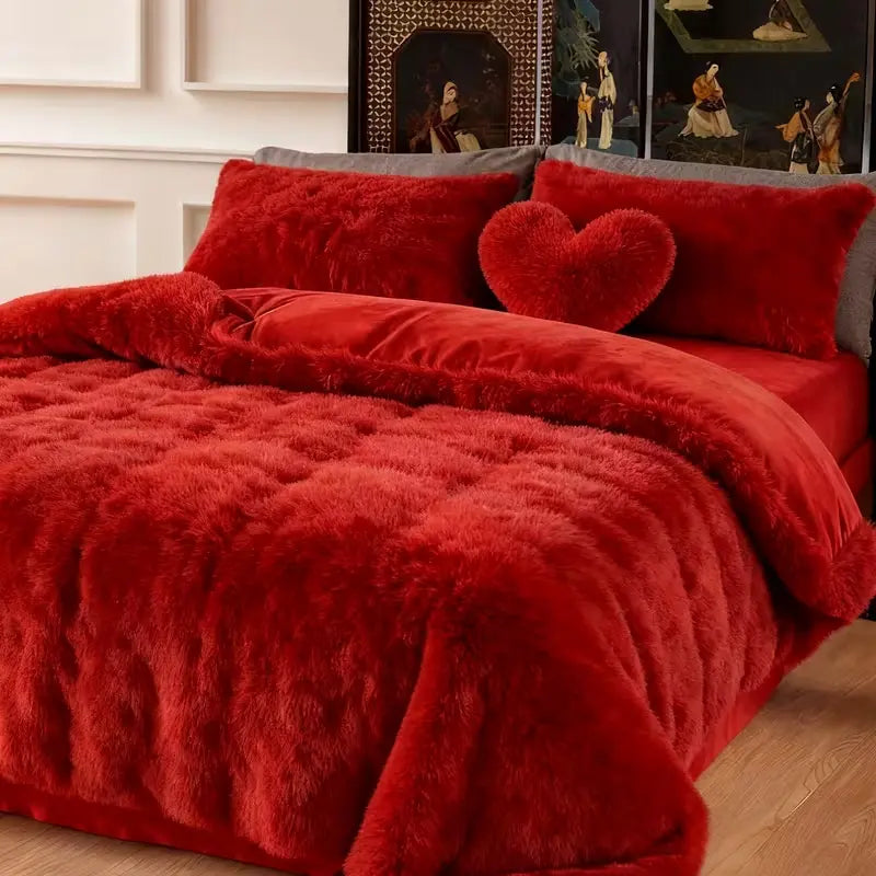 4-Piece Pink Plush Duvet Cover Set – Faux Fur, Heart Pillow