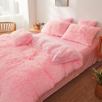 4-Piece Pink Plush Duvet Cover Set – Faux Fur, Heart Pillow