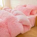 4-Piece Pink Plush Duvet Cover Set – Faux Fur, Heart Pillow