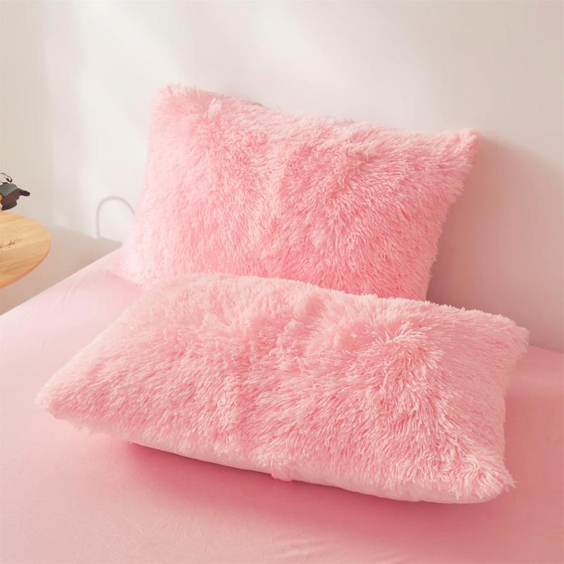 4-Piece Pink Plush Duvet Cover Set – Faux Fur, Heart Pillow