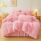 4-Piece Pink Plush Duvet Cover Set – Faux Fur, Heart Pillow